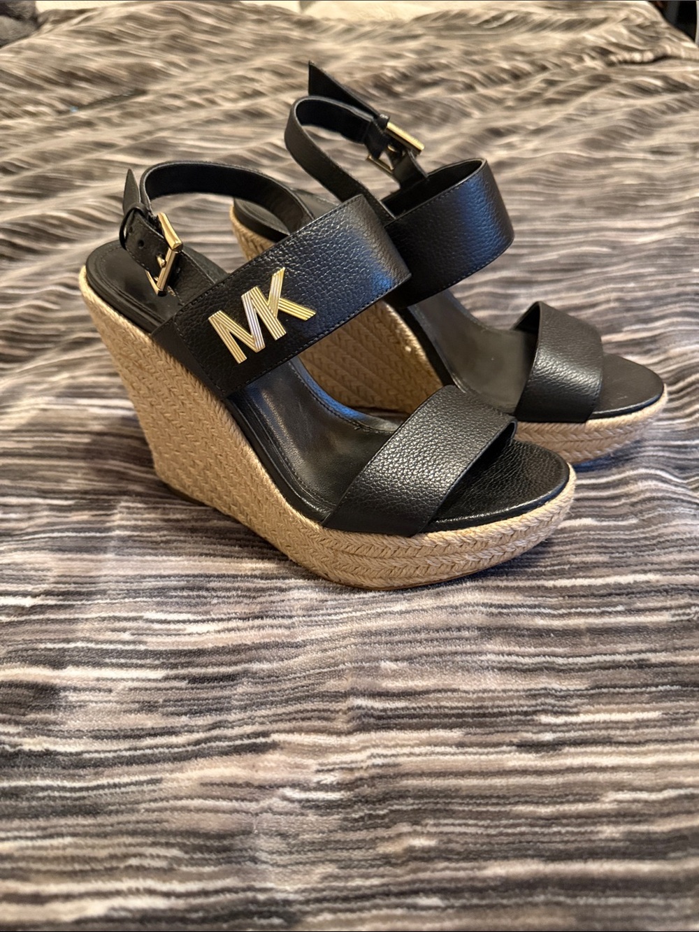 Michael Kors Black Leather Espadrille Wedge Sandals with Gold MK Accent